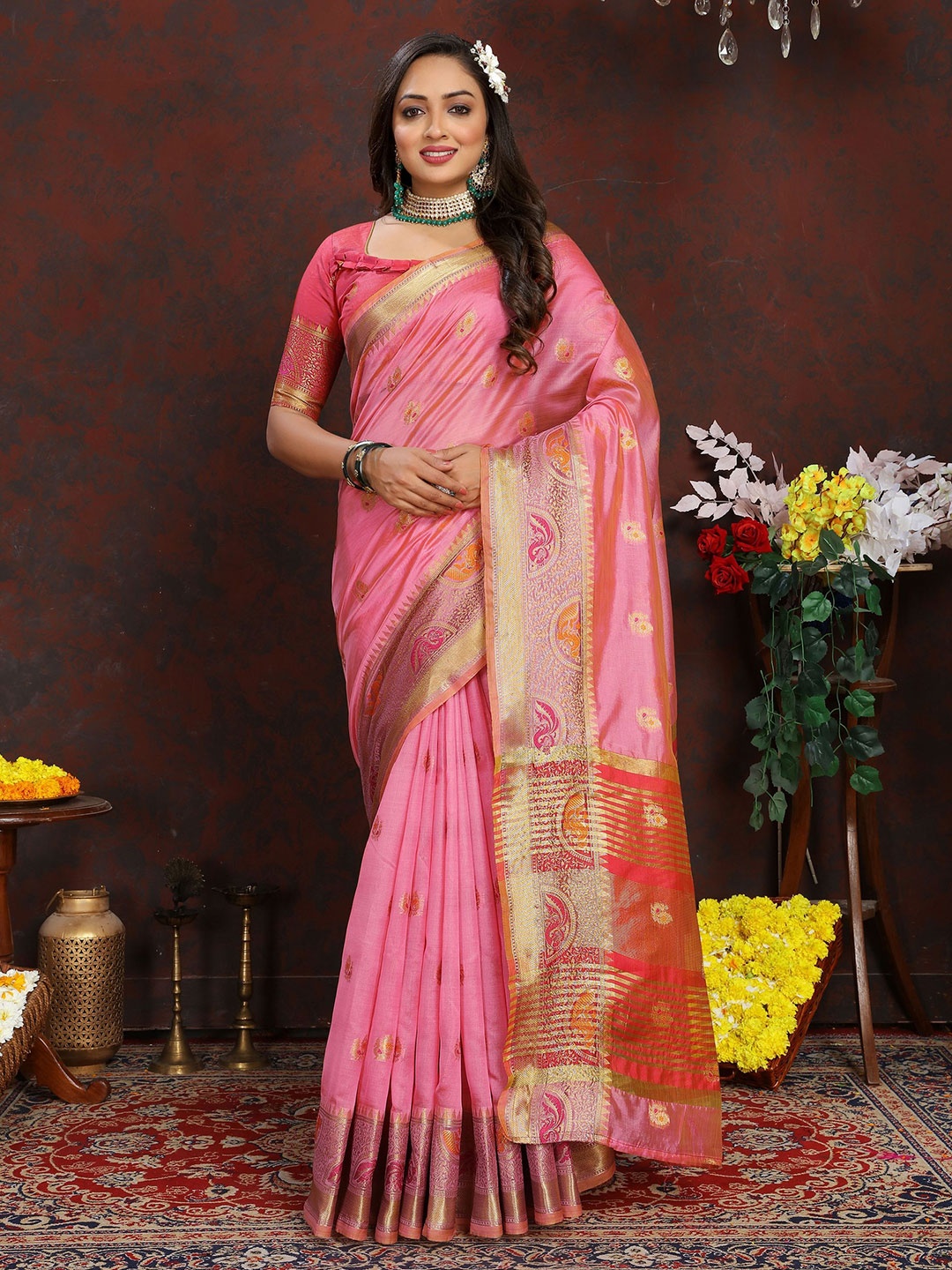 

KALINI Ethnic Motifs Zari Organza Banarasi Saree, Pink