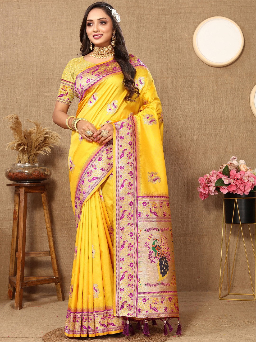 

KALINI Woven Design Zari Pure Silk Paithani Saree, Yellow