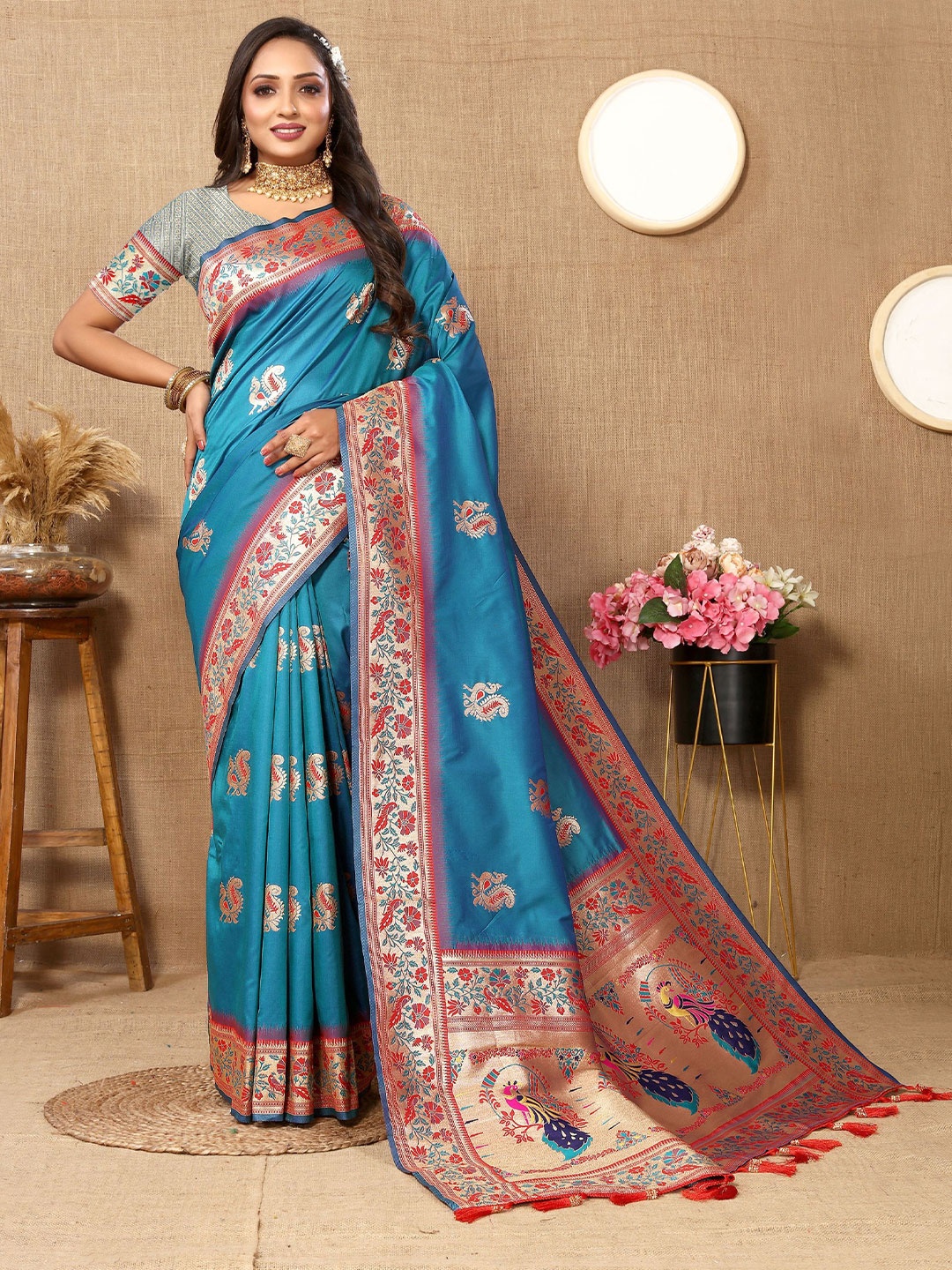 

KALINI Ethnic Motifs Zari Pure Silk Paithani Saree, Blue