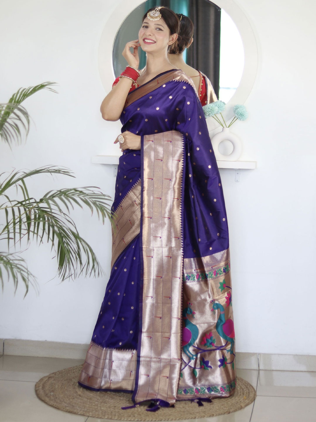 

KALINI Ethnic Motifs Zari Pure Silk Paithani Saree, Navy blue