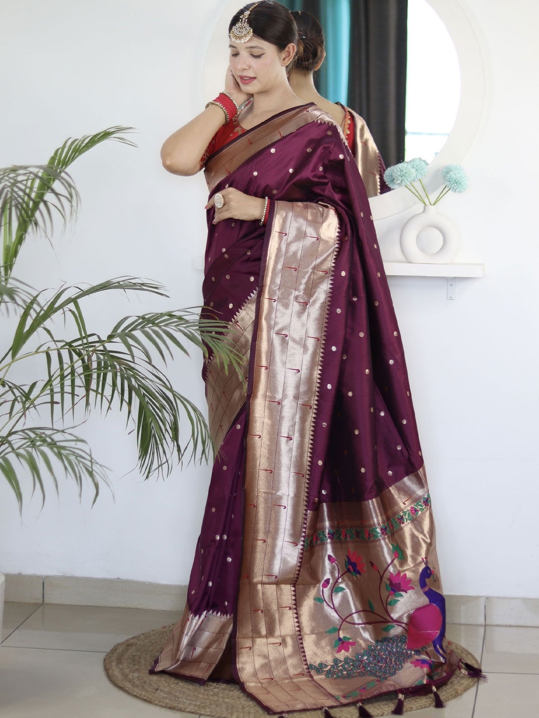 

KALINI Ethnic Motifs Zari Pure Silk Paithani Saree, Purple