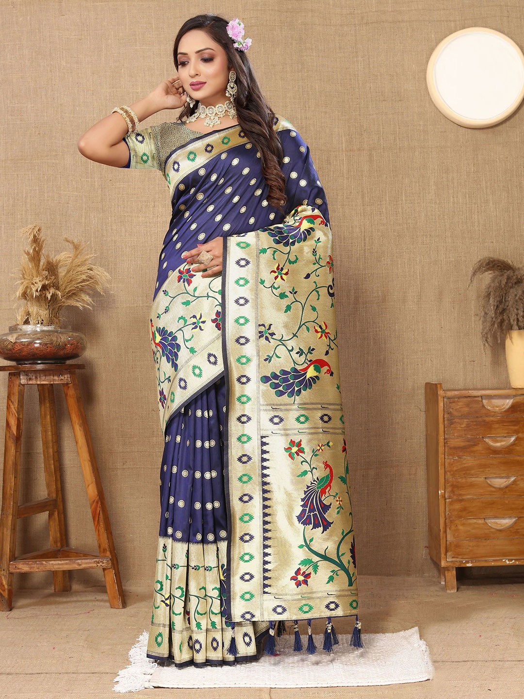 

KALINI Ethnic Motifs Zari Pure Silk Paithani Saree, Blue