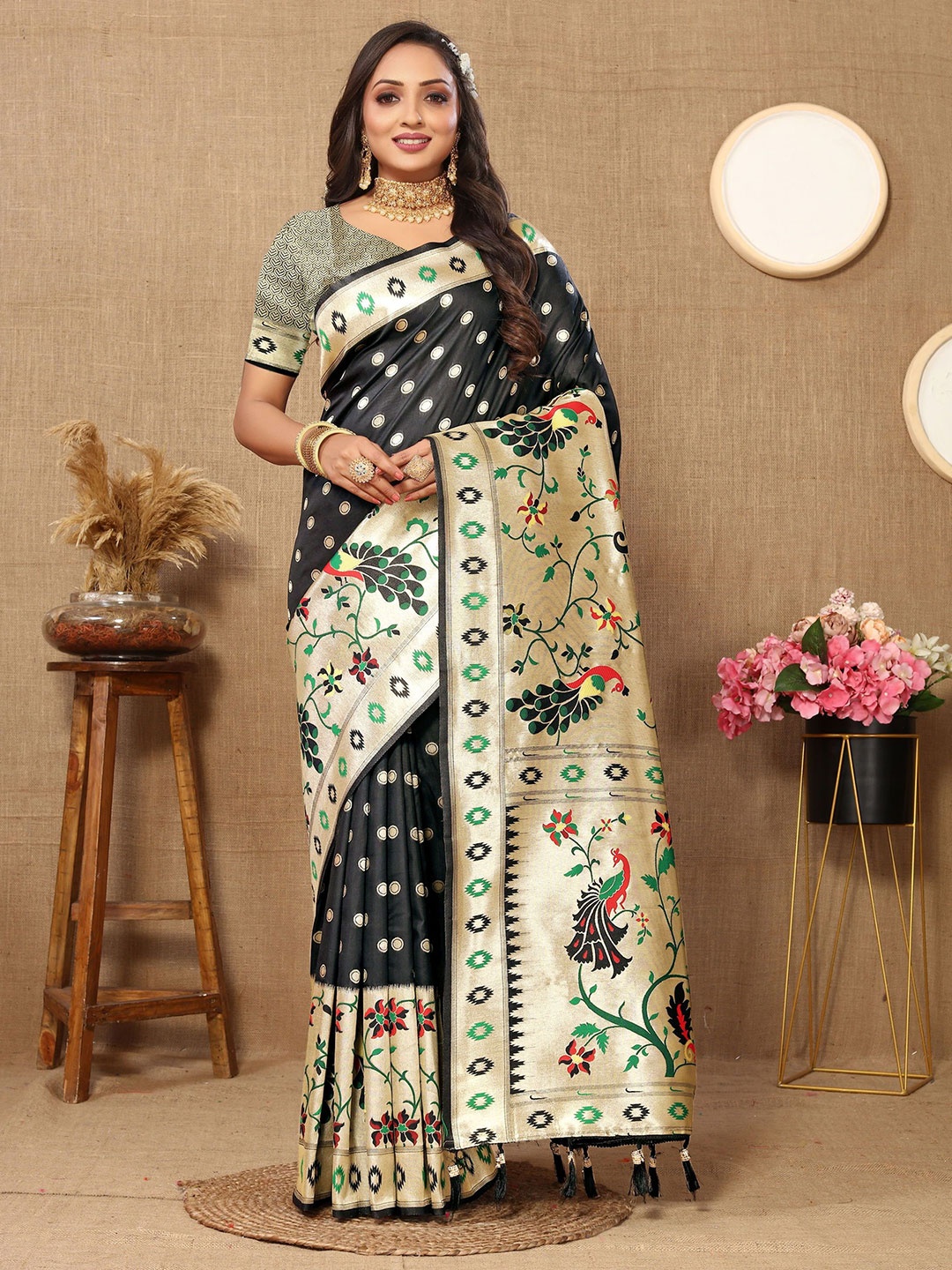 

KALINI Ethnic Motifs Zari Pure Silk Paithani Saree, Black