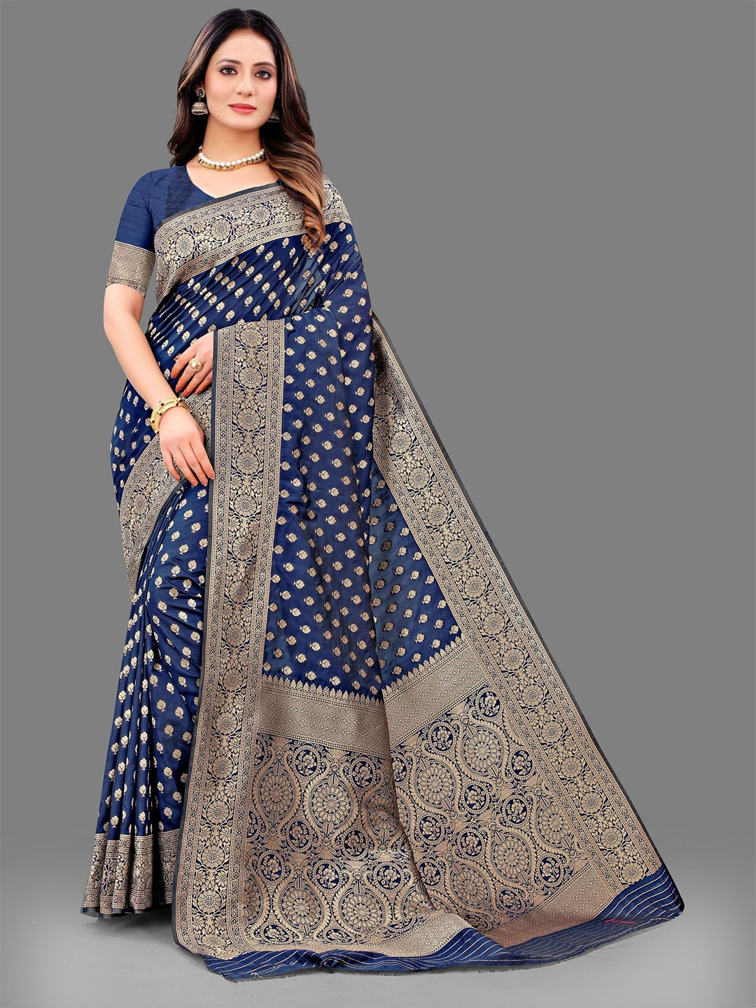 

KALINI Ethnic Motifs Zari Pure Silk Banarasi Saree, Navy blue