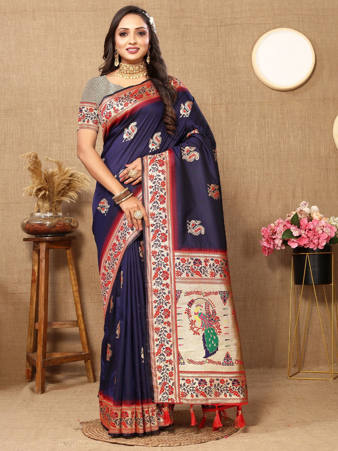 

KALINI Woven Design Zari Pure Silk Paithani Saree, Blue