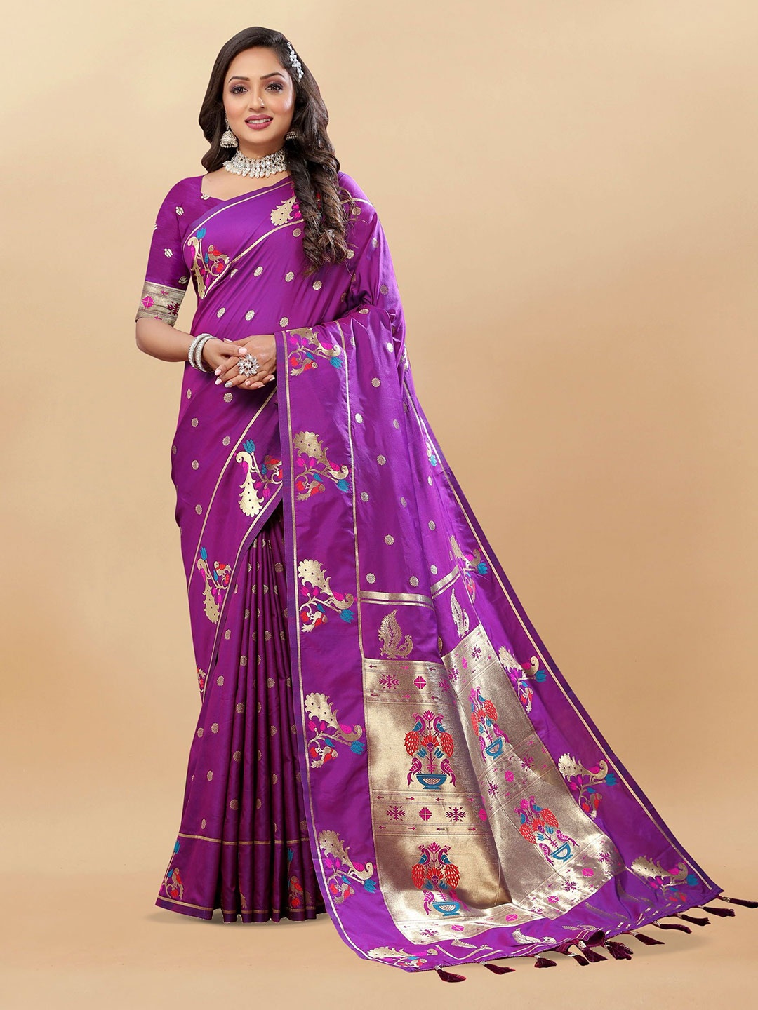 

KALINI Ethnic Motifs Zari Pure Silk Paithani Saree, Purple