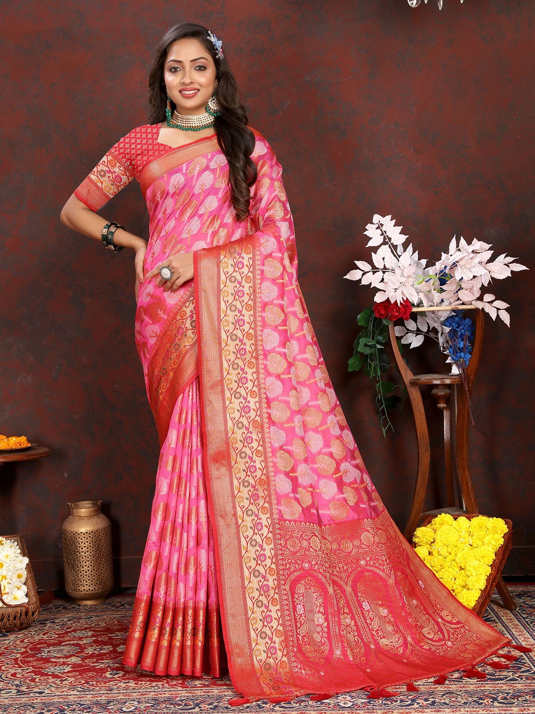 

KALINI Ethnic Motifs Zari Organza Banarasi Saree, Pink