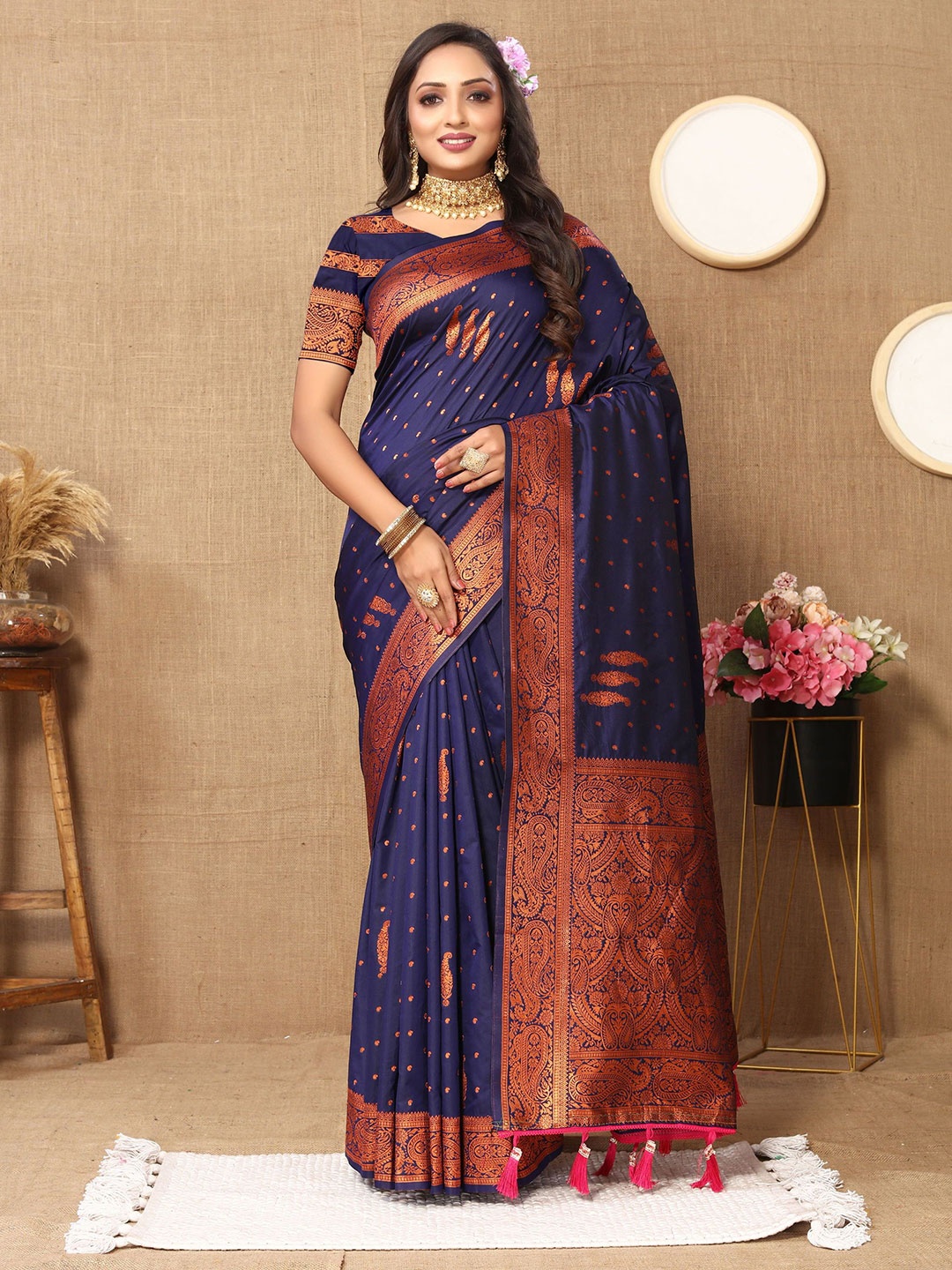 

KALINI Ethnic Motifs Zari Pure Silk Banarasi Saree, Navy blue