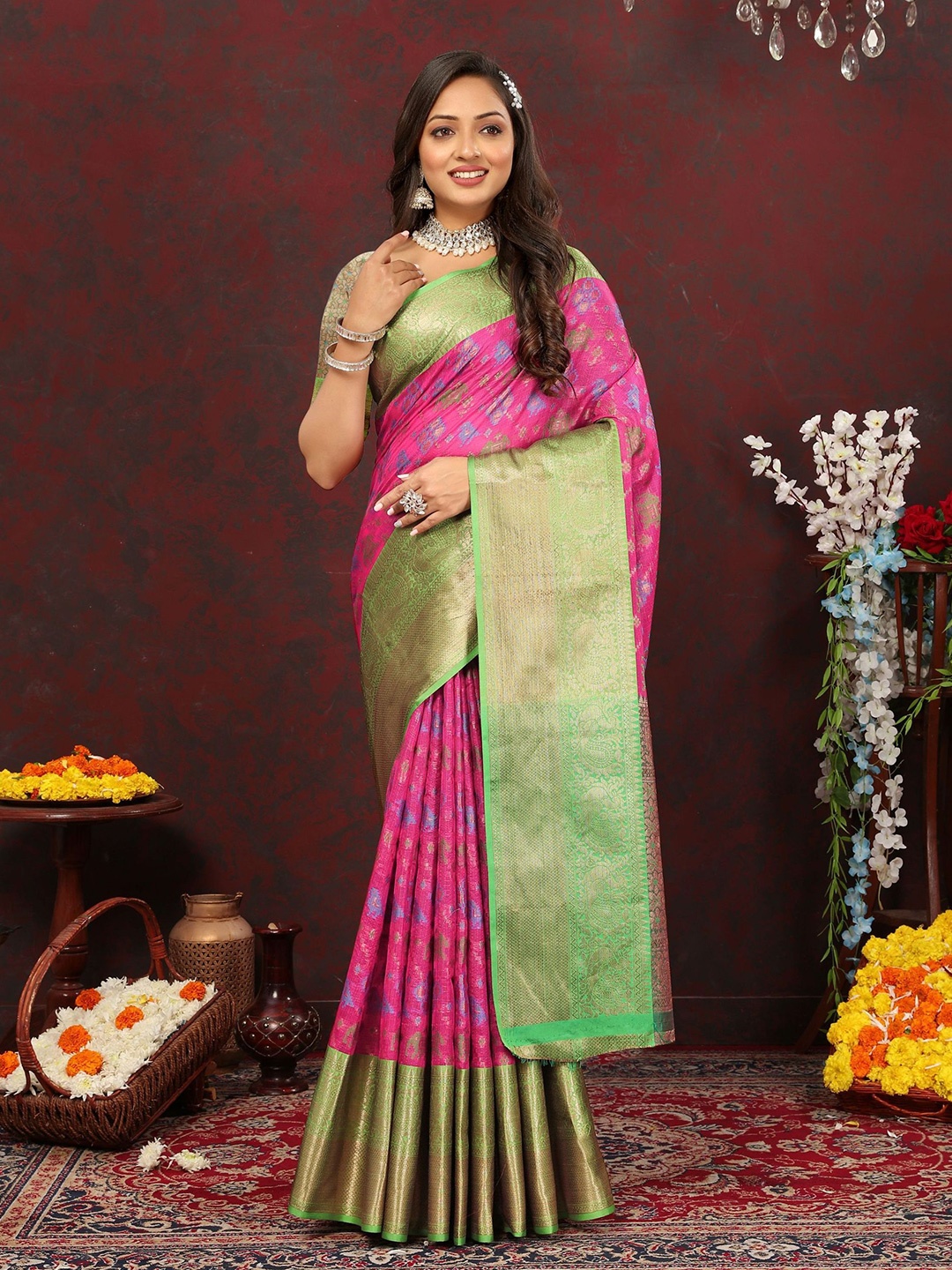 

KALINI Woven Design Zari Pure Cotton Patola Saree, Pink