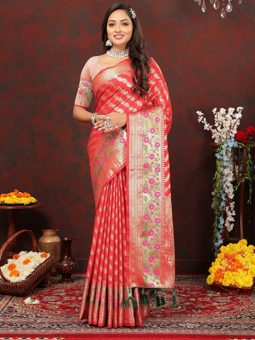 

KALINI Ethnic Motifs Zari Banarasi Saree, Red