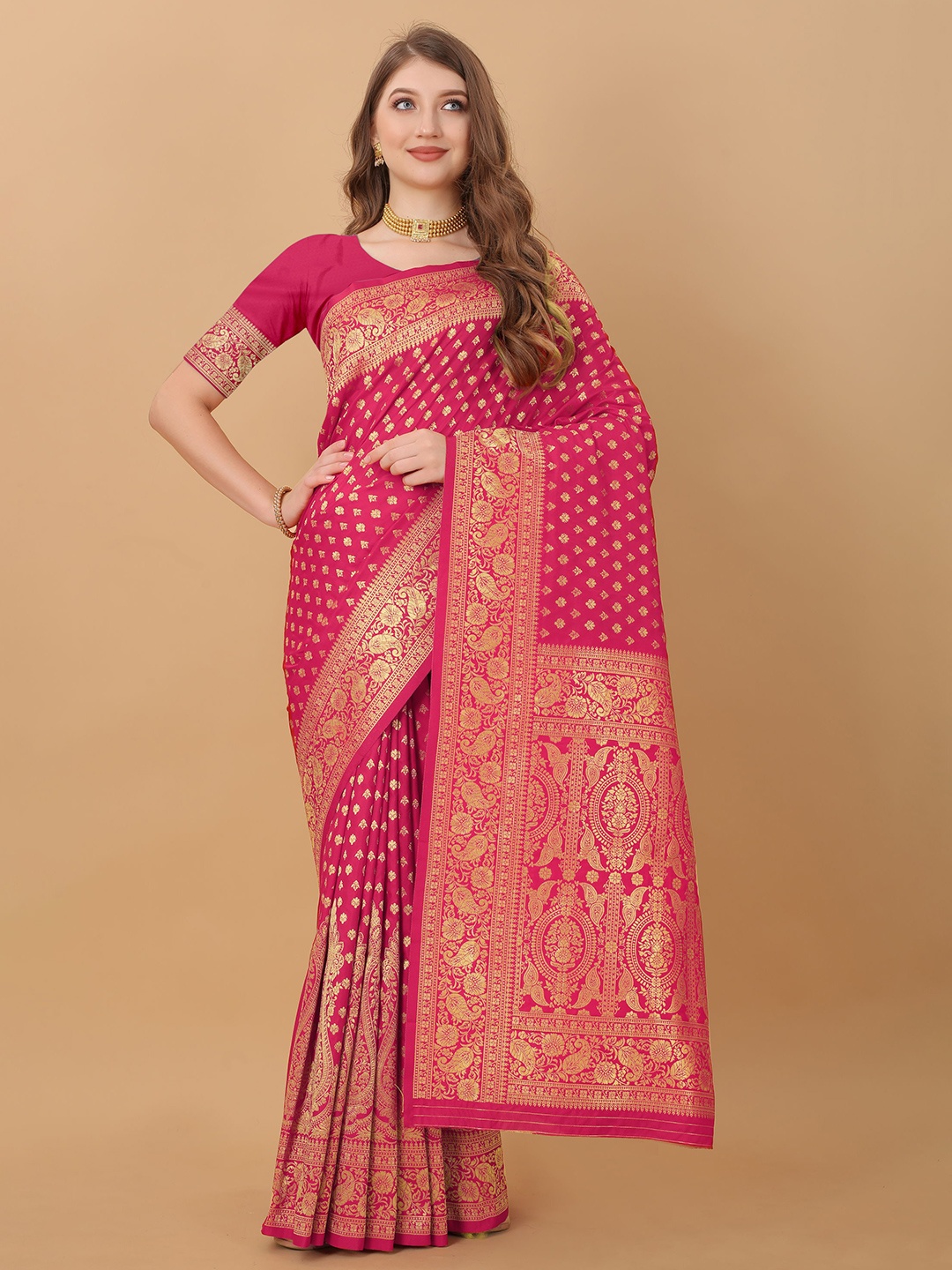 

KALINI Ethnic Motifs Zari Banarasi Saree, Pink