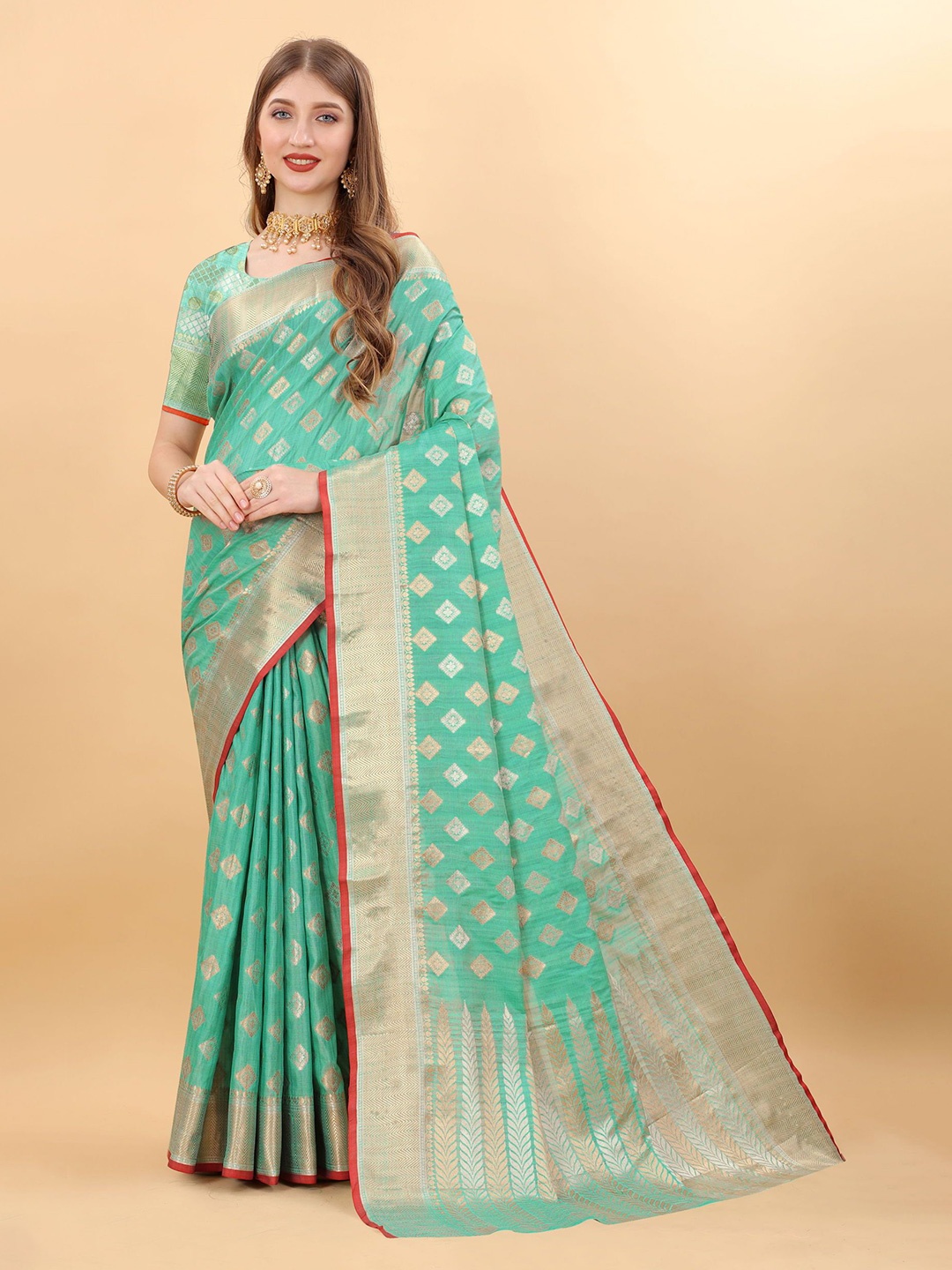 

KALINI Ethnic Motifs Zari Pure Silk Banarasi Saree, Turquoise blue