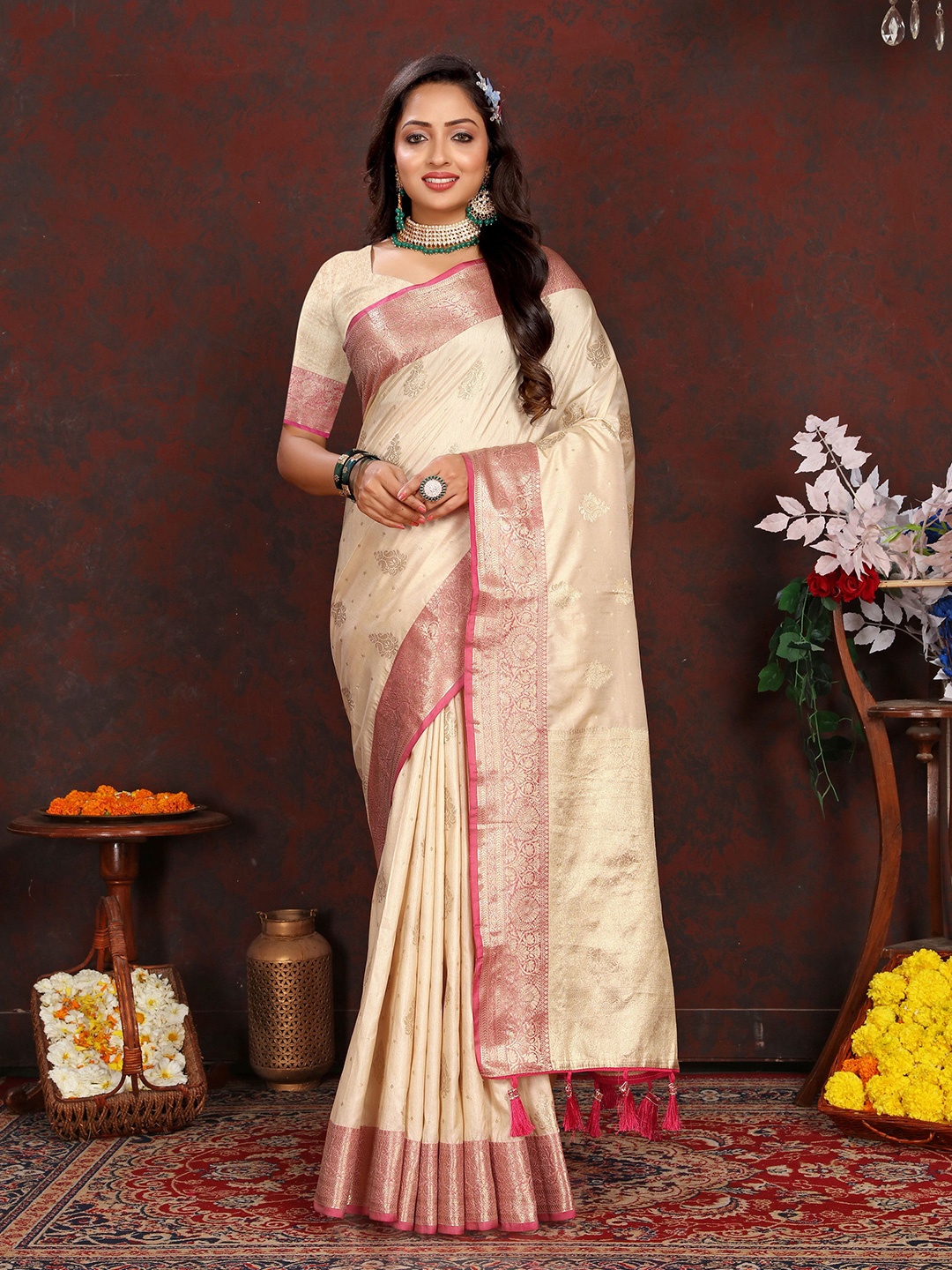

KALINI Ethnic Motifs Zari Banarasi Saree, Cream