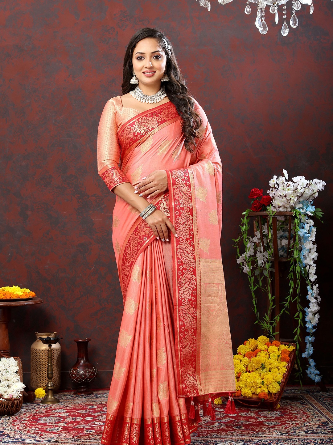 

KALINI Woven Design Zari Silk Blend Banarasi Saree, Peach