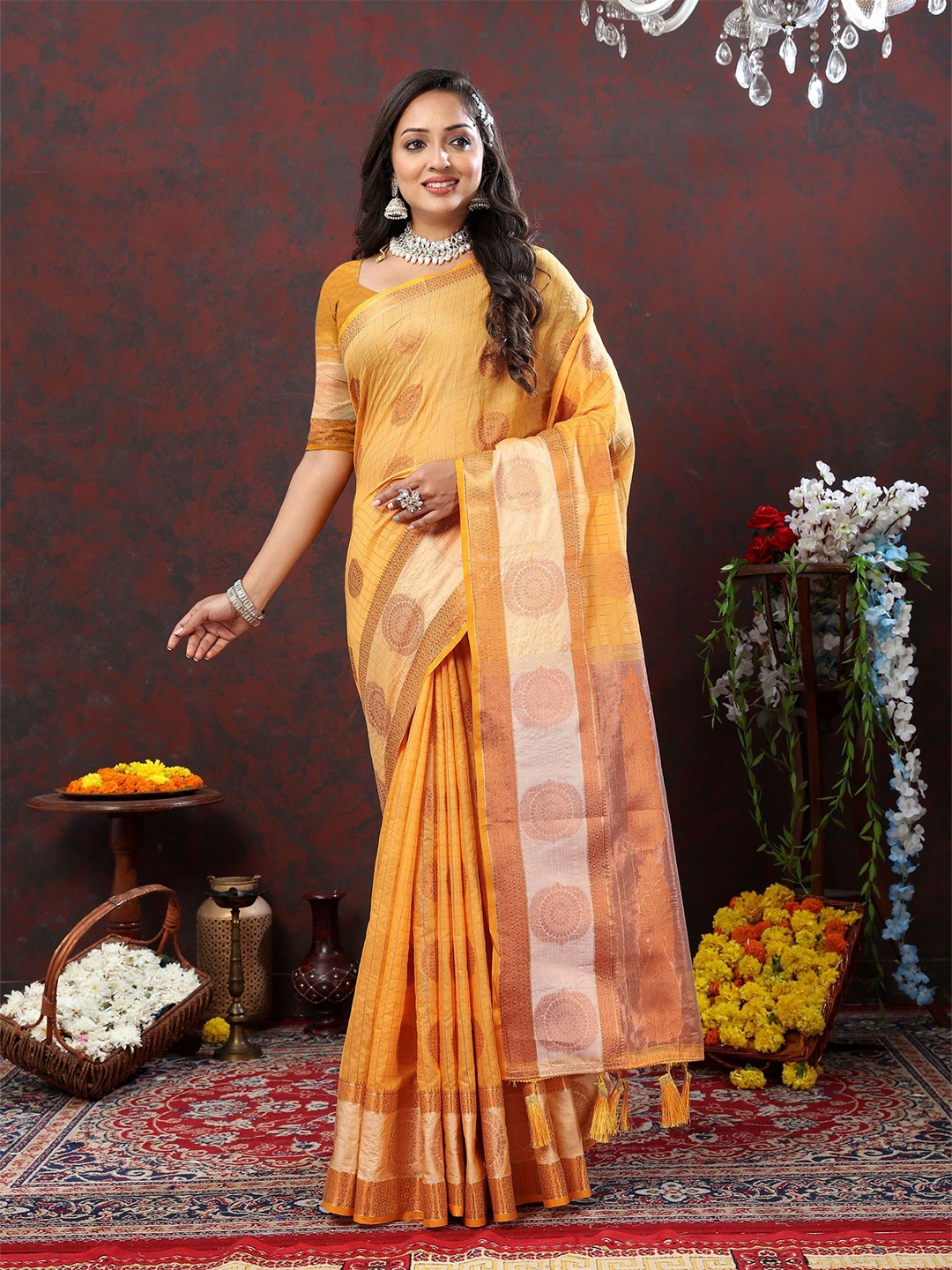 

KALINI Ethnic Motifs Zari Pure Silk Jamdani Saree, Orange