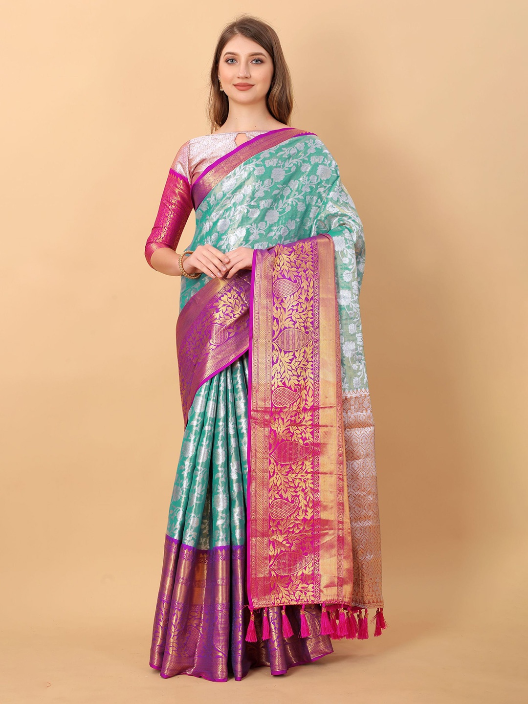 

KALINI Ethnic Motifs Zari Pure Silk Banarasi Saree, Blue