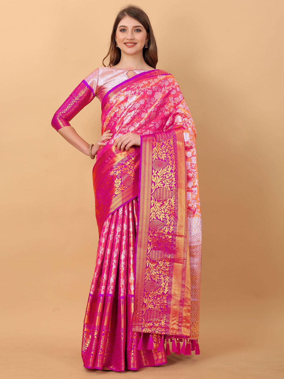 

KALINI Ethnic Motifs Zari Pure Silk Handloom Banarasi Saree, Pink