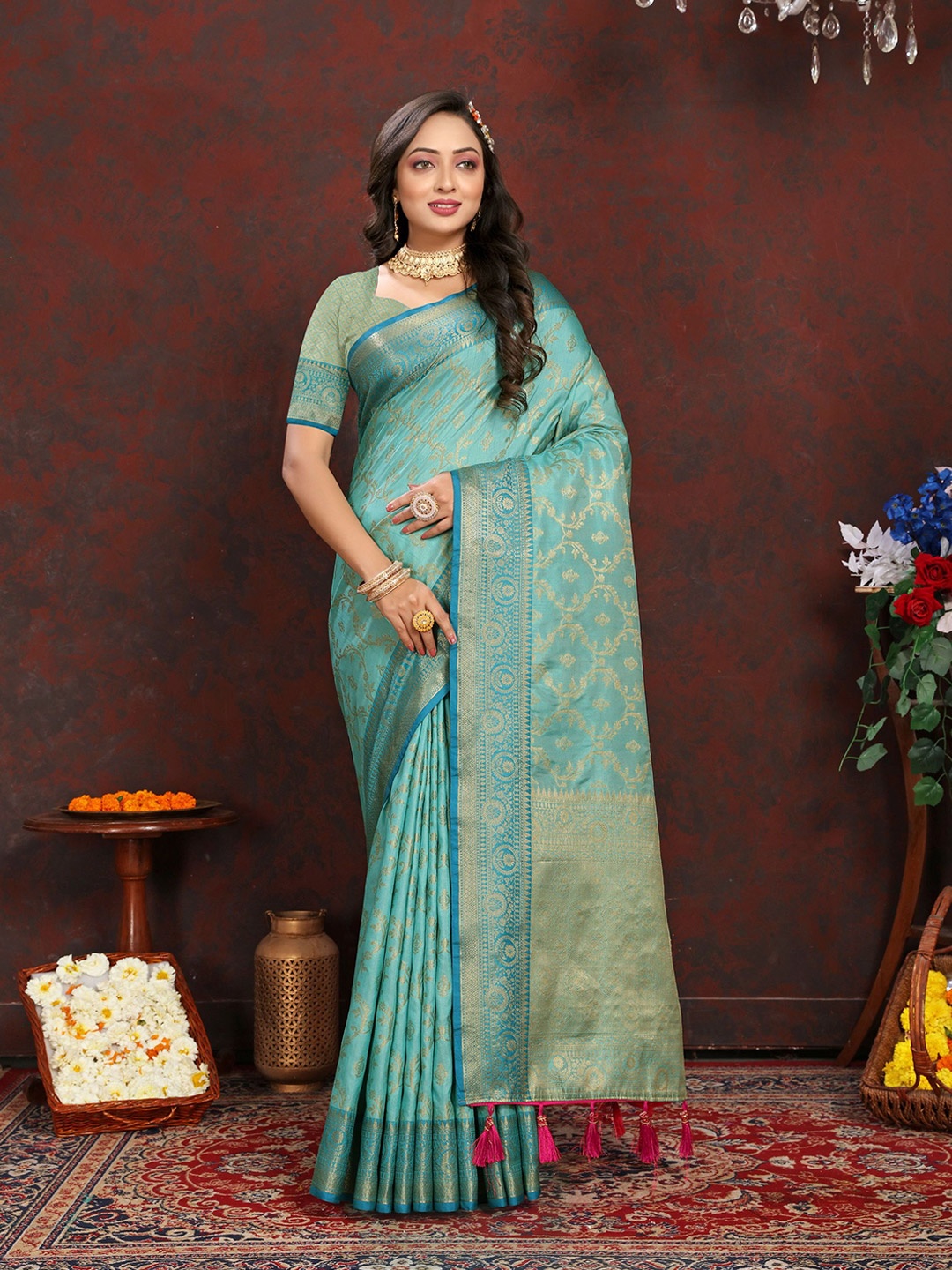 

KALINI Floral Zari Banarasi Saree, Blue