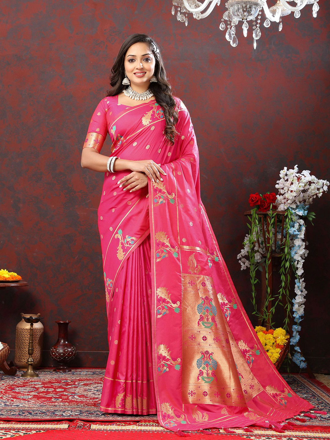 

KALINI Ethnic Motifs Zari Pure Silk Paithani Saree, Pink