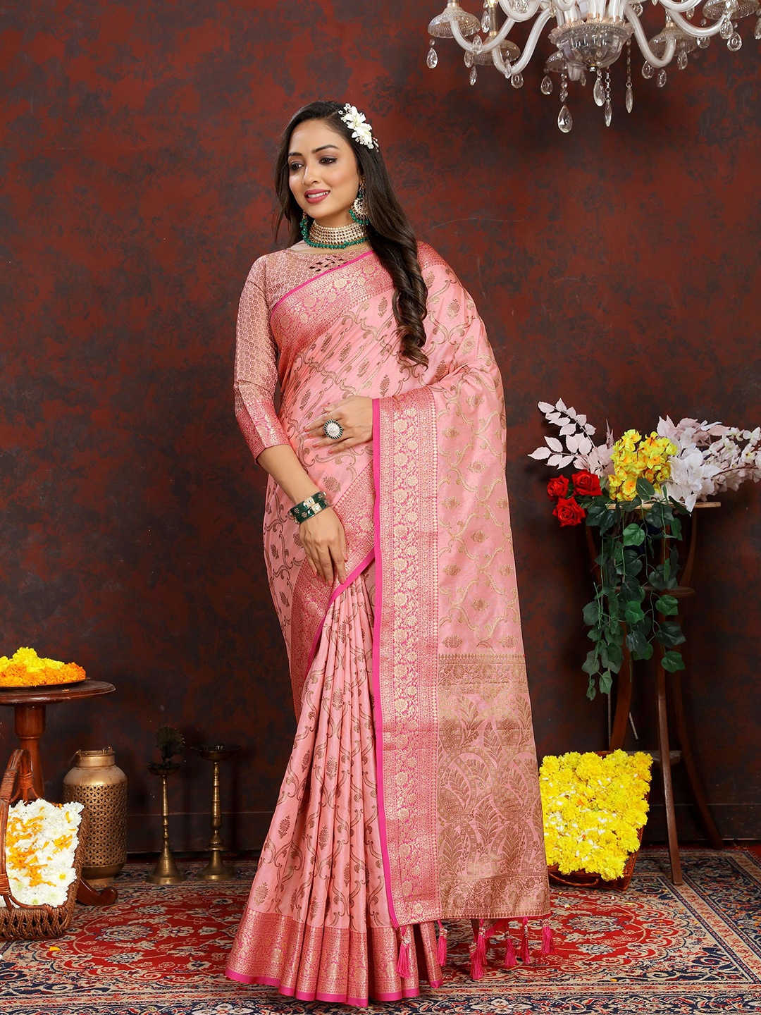 

KALINI Ethnic Motifs Zari Banarasi Saree With Blouse Piece, Pink