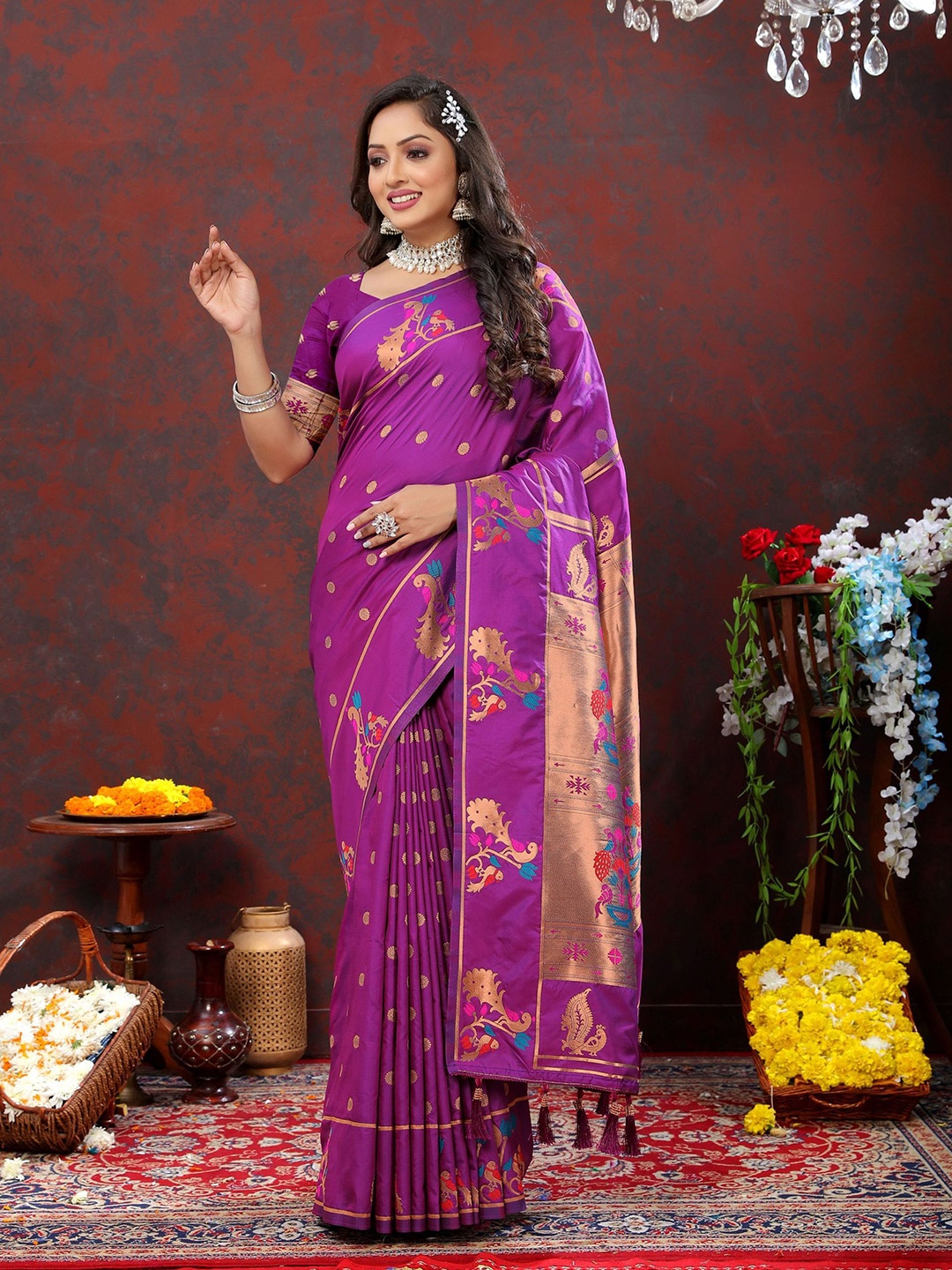 

KALINI Woven Design Zari Pure Silk Paithani Saree, Purple