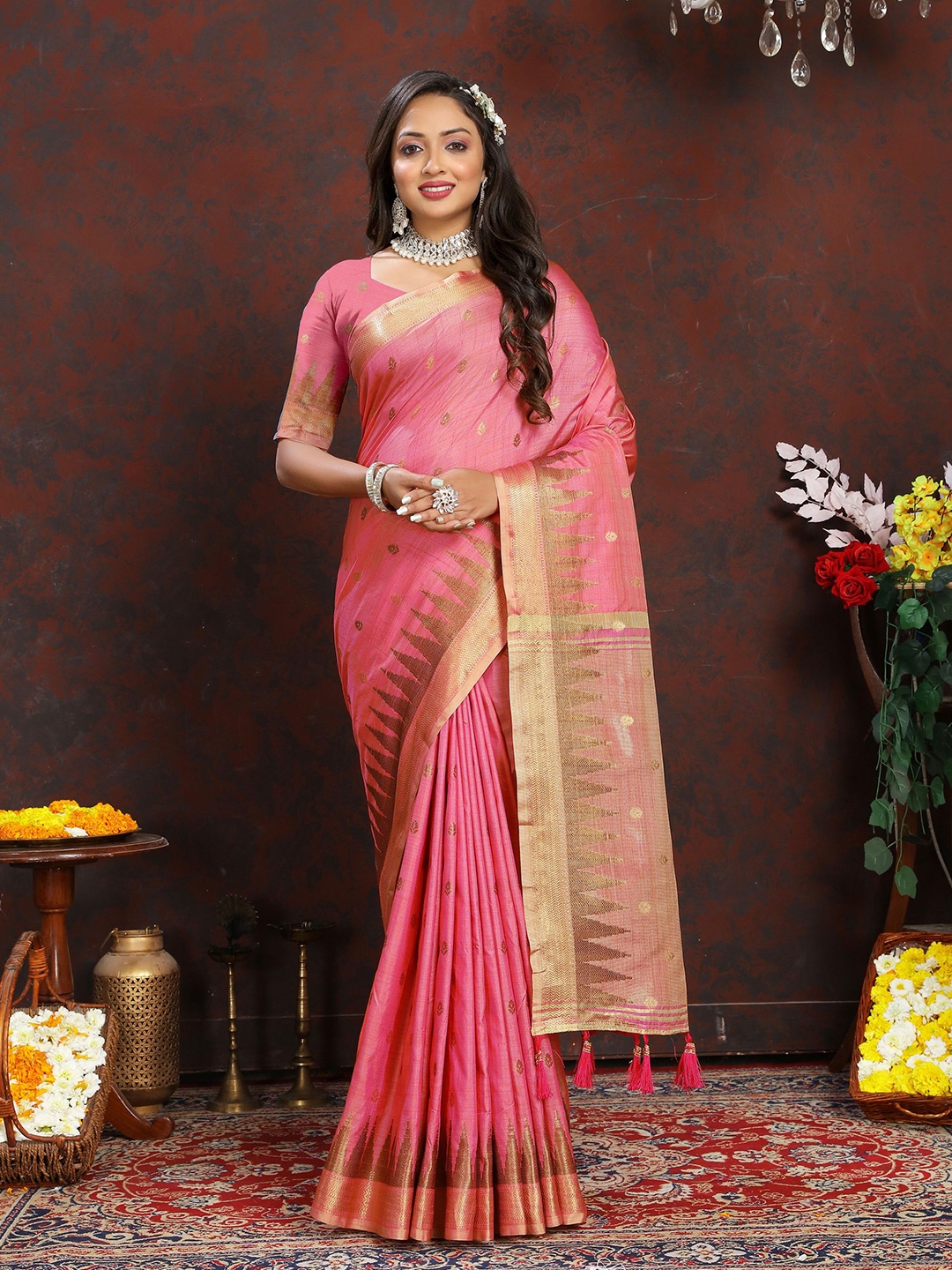 

KALINI Ethnic Motifs Zari Banarasi Saree, Pink