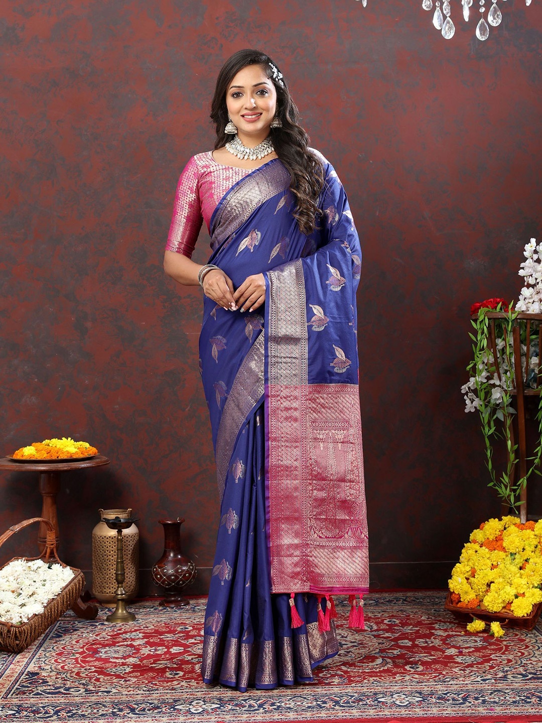 

KALINI Ethnic Motifs Zari Pure Silk Banarasi Saree, Navy blue