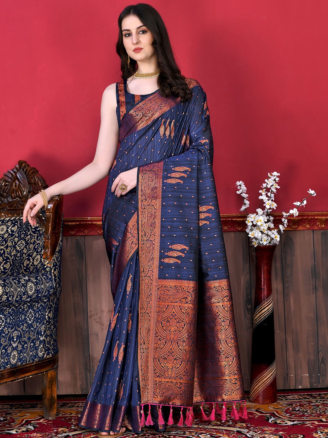 

KALINI Ethnic Motifs Zari Pure Silk Handloom Banarasi Saree, Navy blue