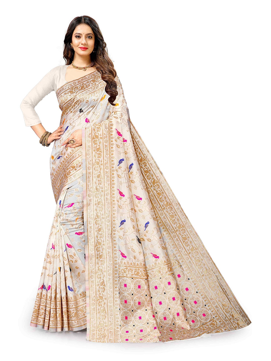 

KALINI Floral Zari Silk Blend Banarasi Saree, Beige