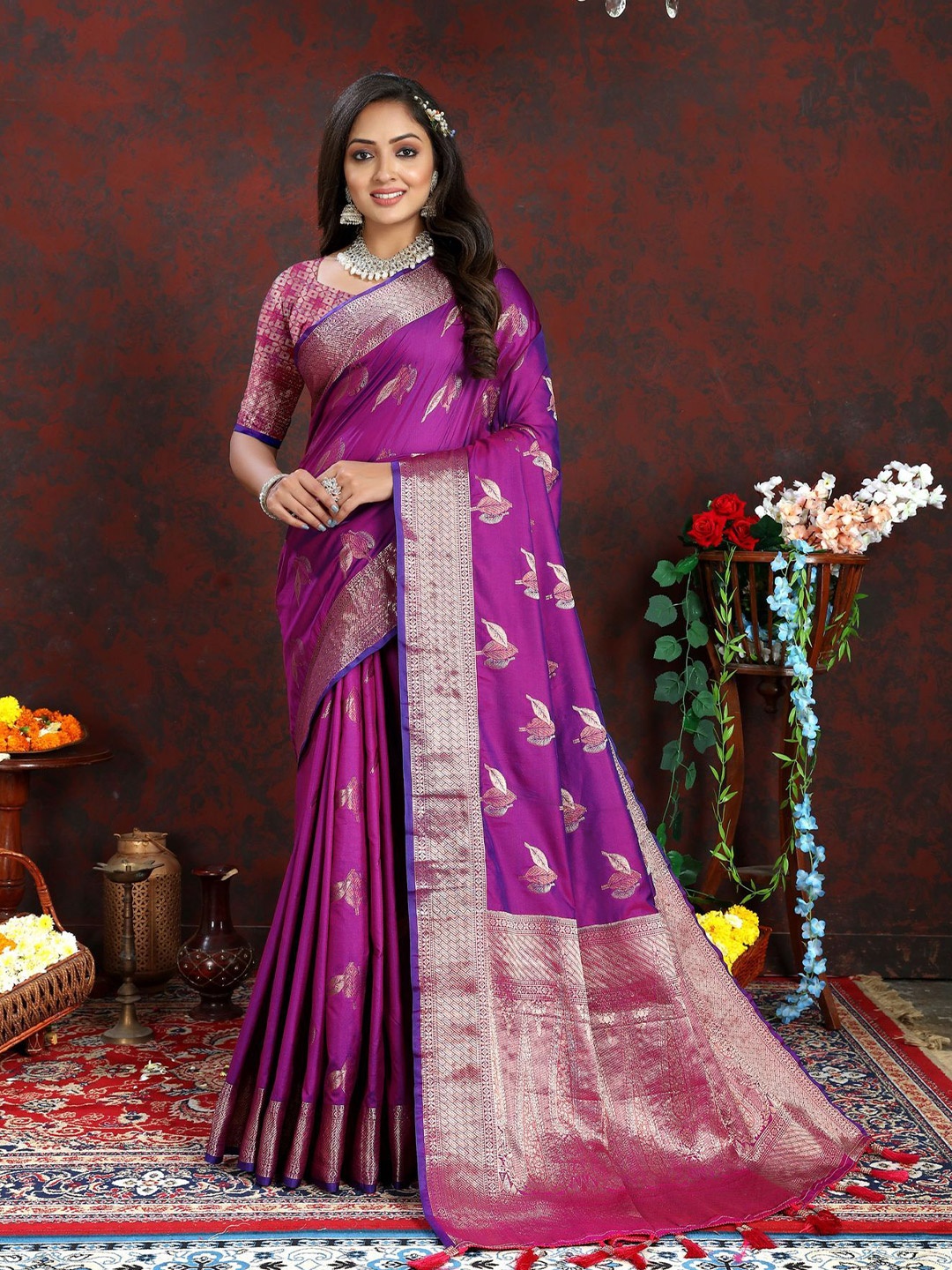 

KALINI Ethnic Motifs Zari Pure Silk Banarasi Saree, Purple