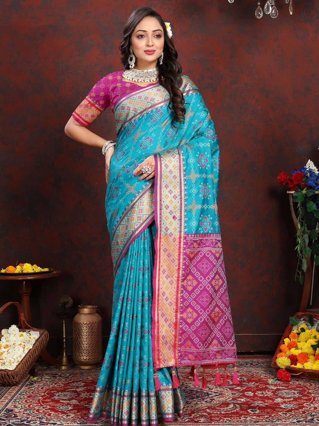 

KALINI Ethnic Motifs Zari Pure Silk Patola Saree, Blue