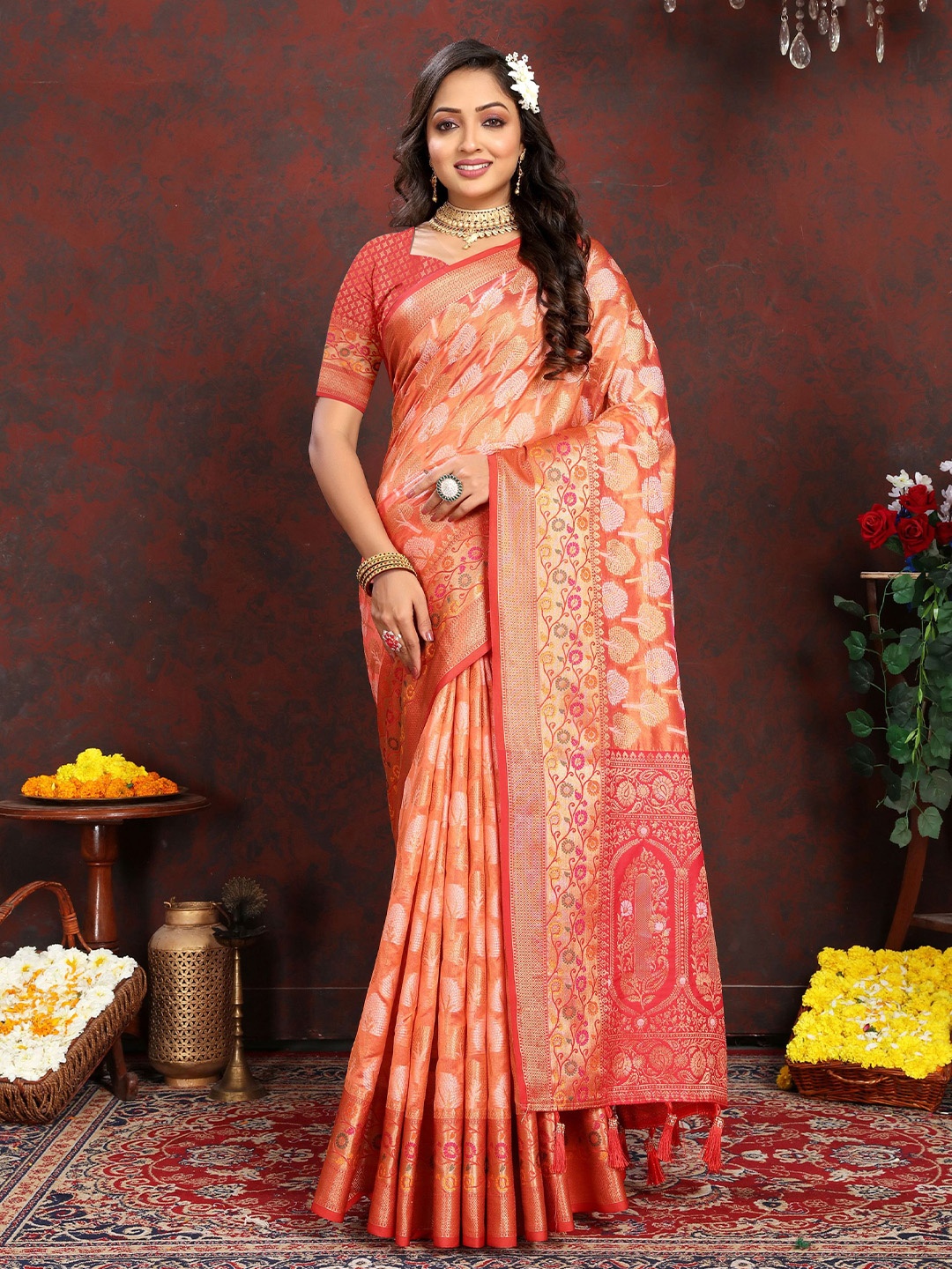 

KALINI Ethnic Motifs Zari Organza Banarasi Saree, Orange
