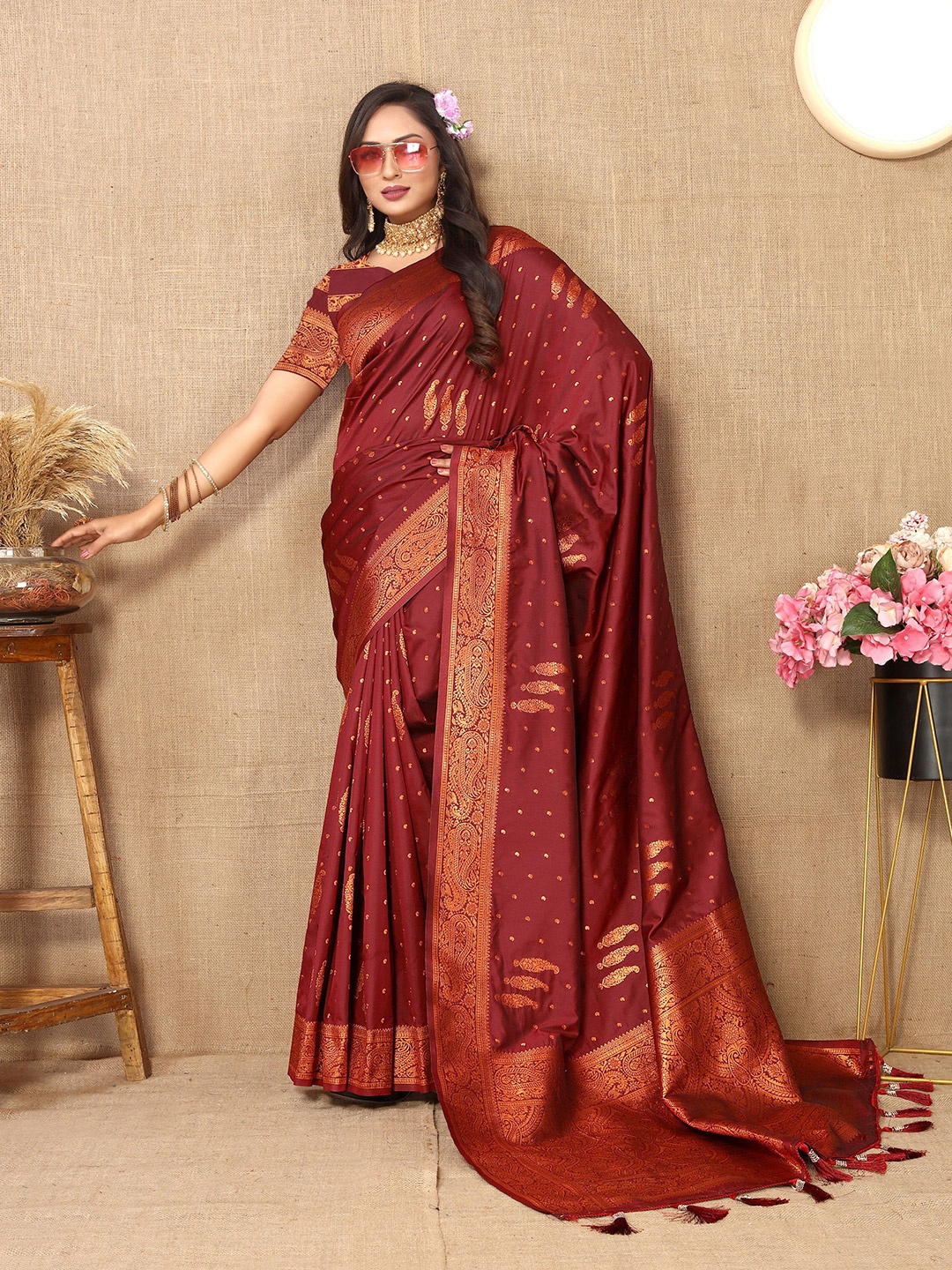 

KALINI Ethnic Motifs Zari Pure Silk Banarasi Saree, Maroon