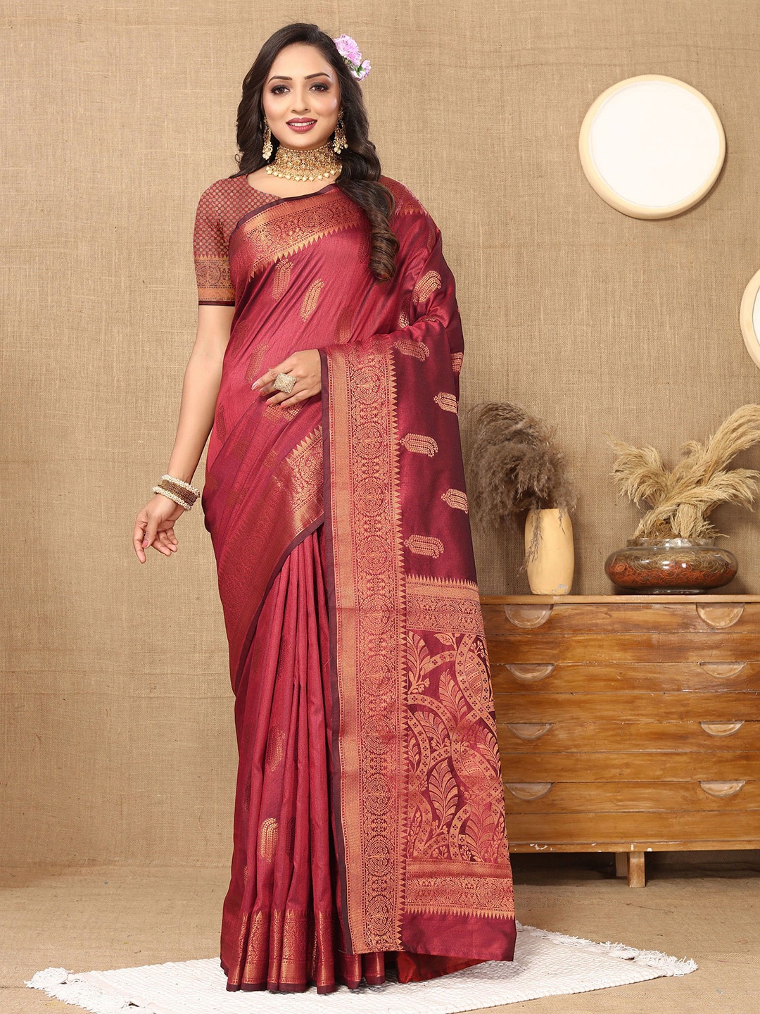 

KALINI Ethnic Motifs Zari Silk Cotton Banarasi Saree, Red