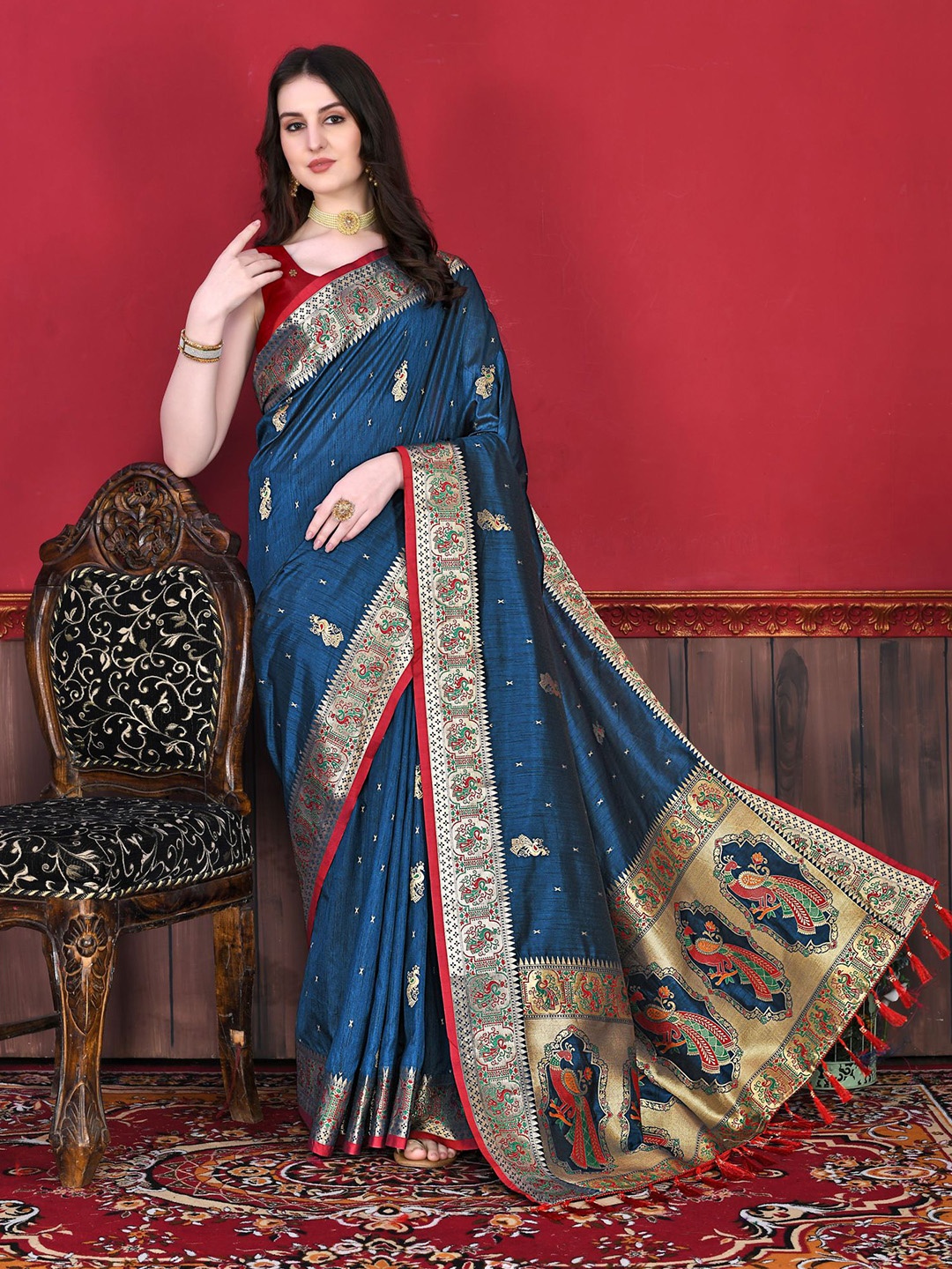 

KALINI Ethnic Motifs Zari Pure Silk Paithani Saree, Navy blue