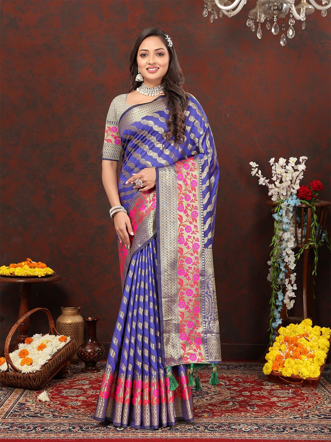 

KALINI Floral Zari Banarasi Saree, Blue