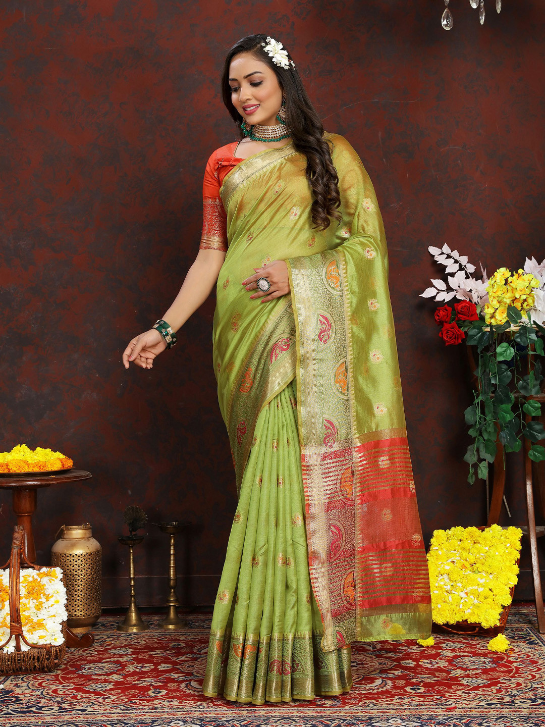 

KALINI Ethnic Motifs Zari Organza Banarasi Saree, Green