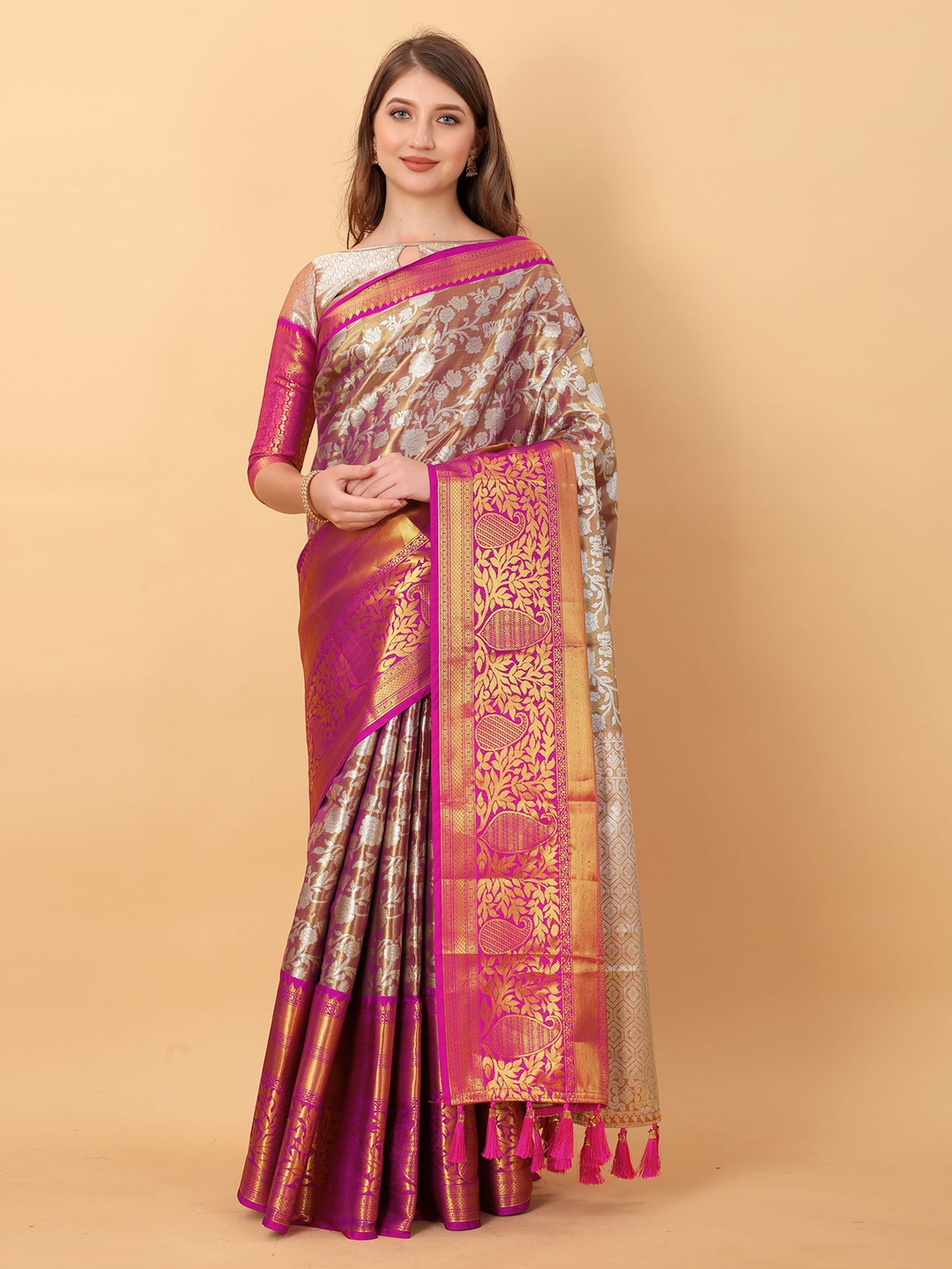 

KALINI Ethnic Motifs Zari Pure Silk Banarasi Saree, Brown