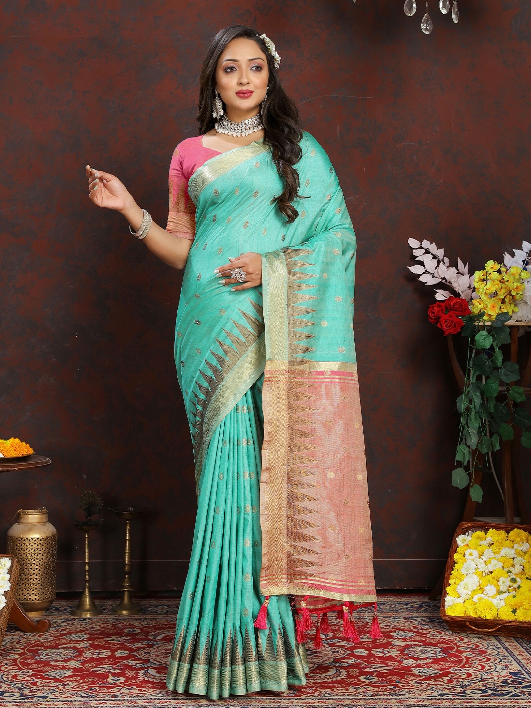 

KALINI Ethnic Motifs Zari Banarasi Saree, Blue