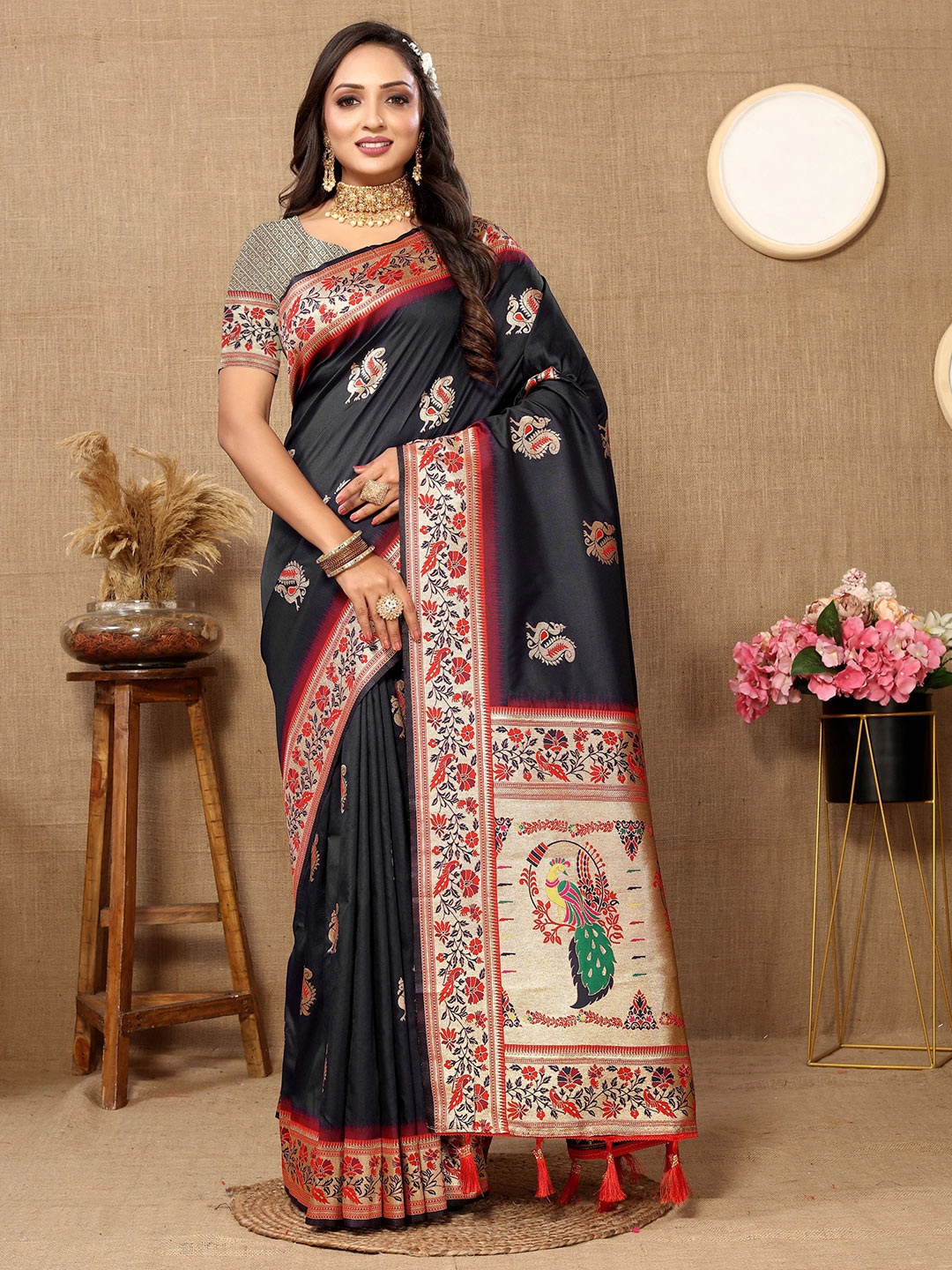 

KALINI Ethnic Motifs Zari Pure Silk Paithani Saree, Black