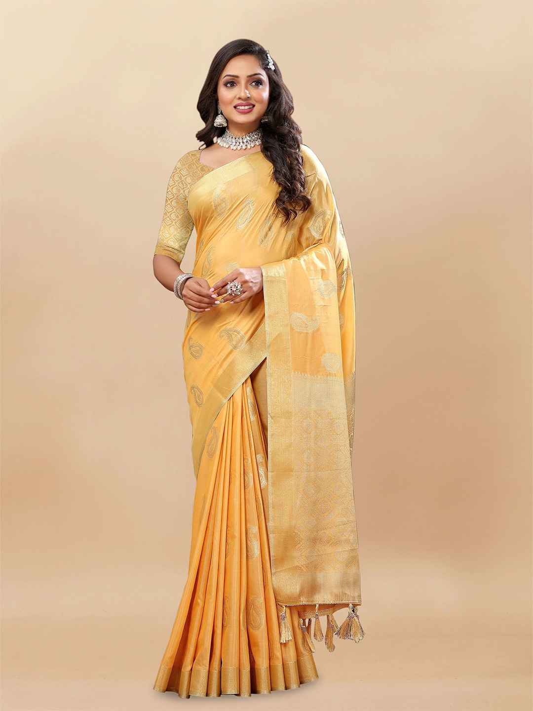 

KALINI Ethnic Motifs Zari Pure Silk Banarasi Saree, Orange
