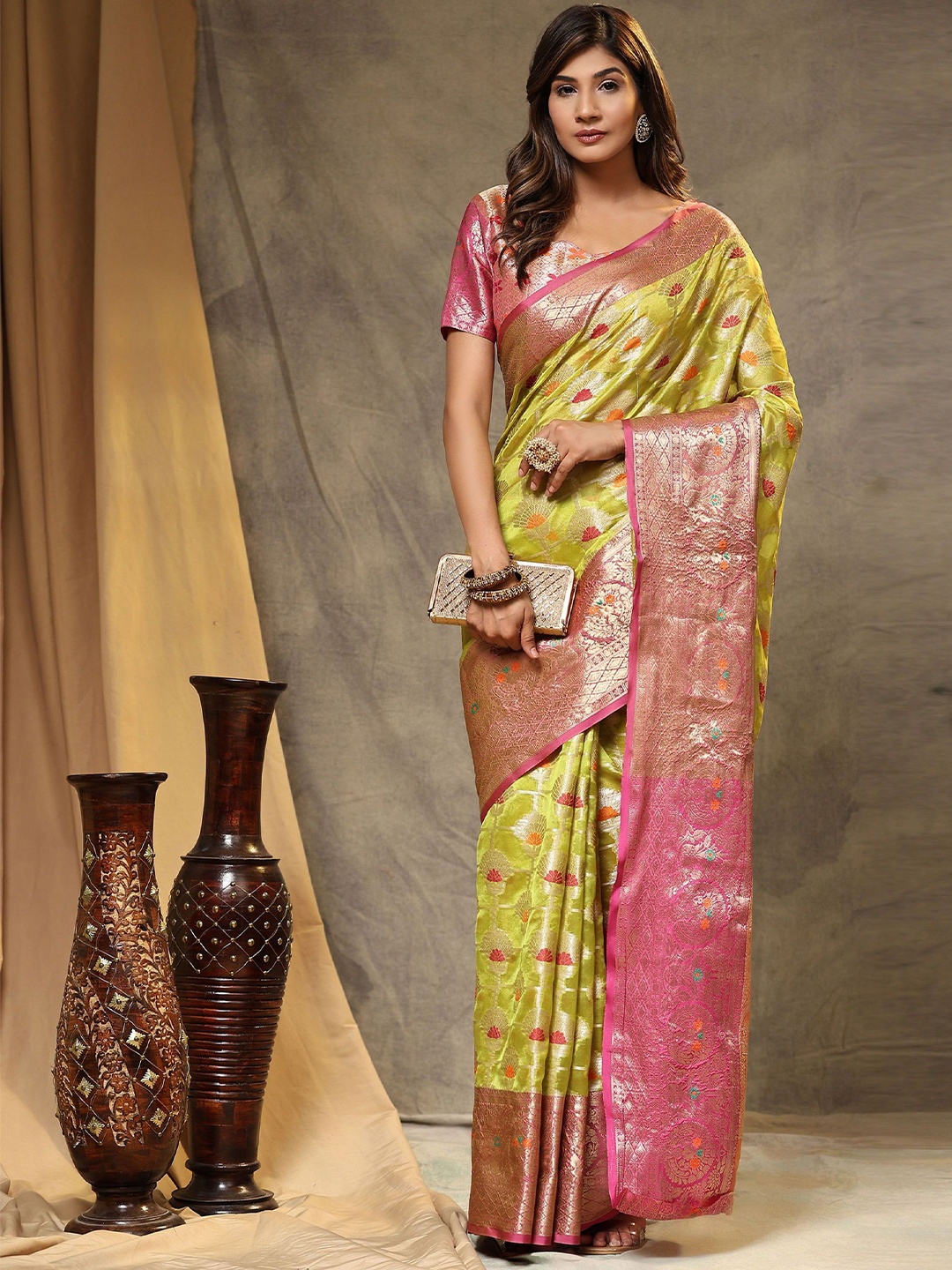 

KALINI Woven Design Zari Organza Banarasi Saree, Olive