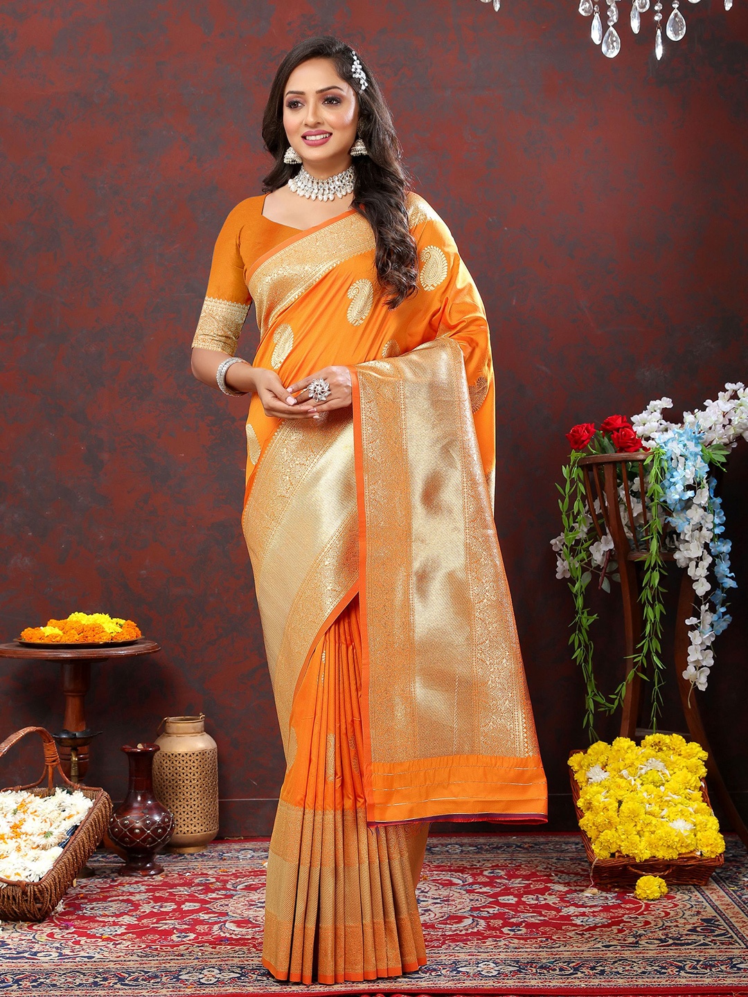 

KALINI Ethnic Motifs Zari Pure Silk Banarasi Saree, Orange