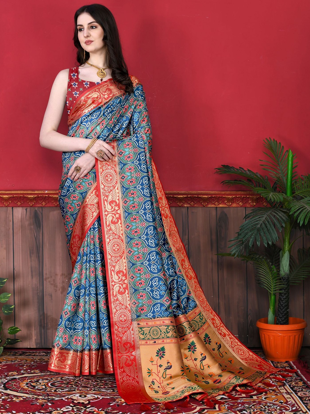 

KALINI Ethnic Motifs Zari Pure Silk Patola Saree, Blue