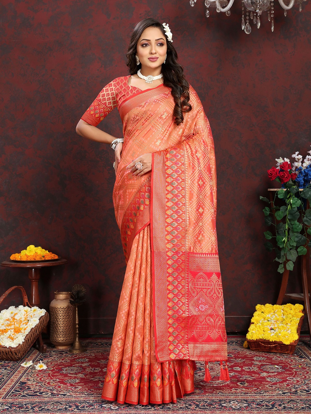 

KALINI Ethnic Motifs Zari Organza Banarasi Saree, Orange