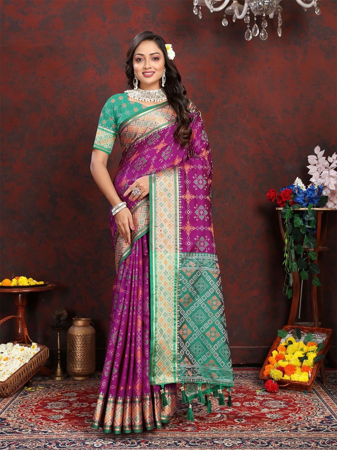 

KALINI Ethnic Motifs Zari Pure Silk Patola Saree, Purple