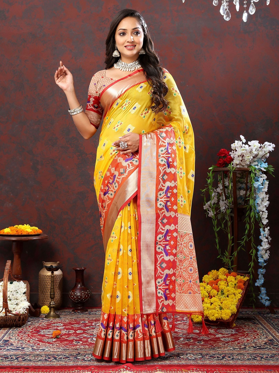 

KALINI Ethnic Motifs Zari Organza Patola Saree, Yellow