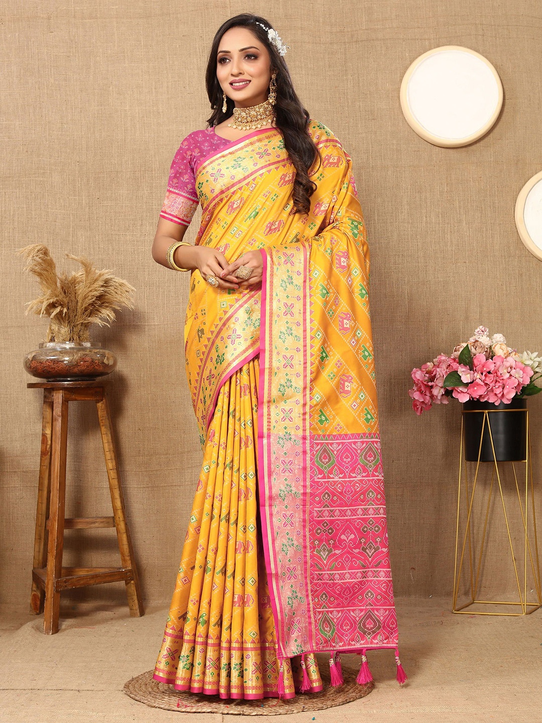 

KALINI Ethnic Motifs Zari Pure Silk Patola Saree, Yellow