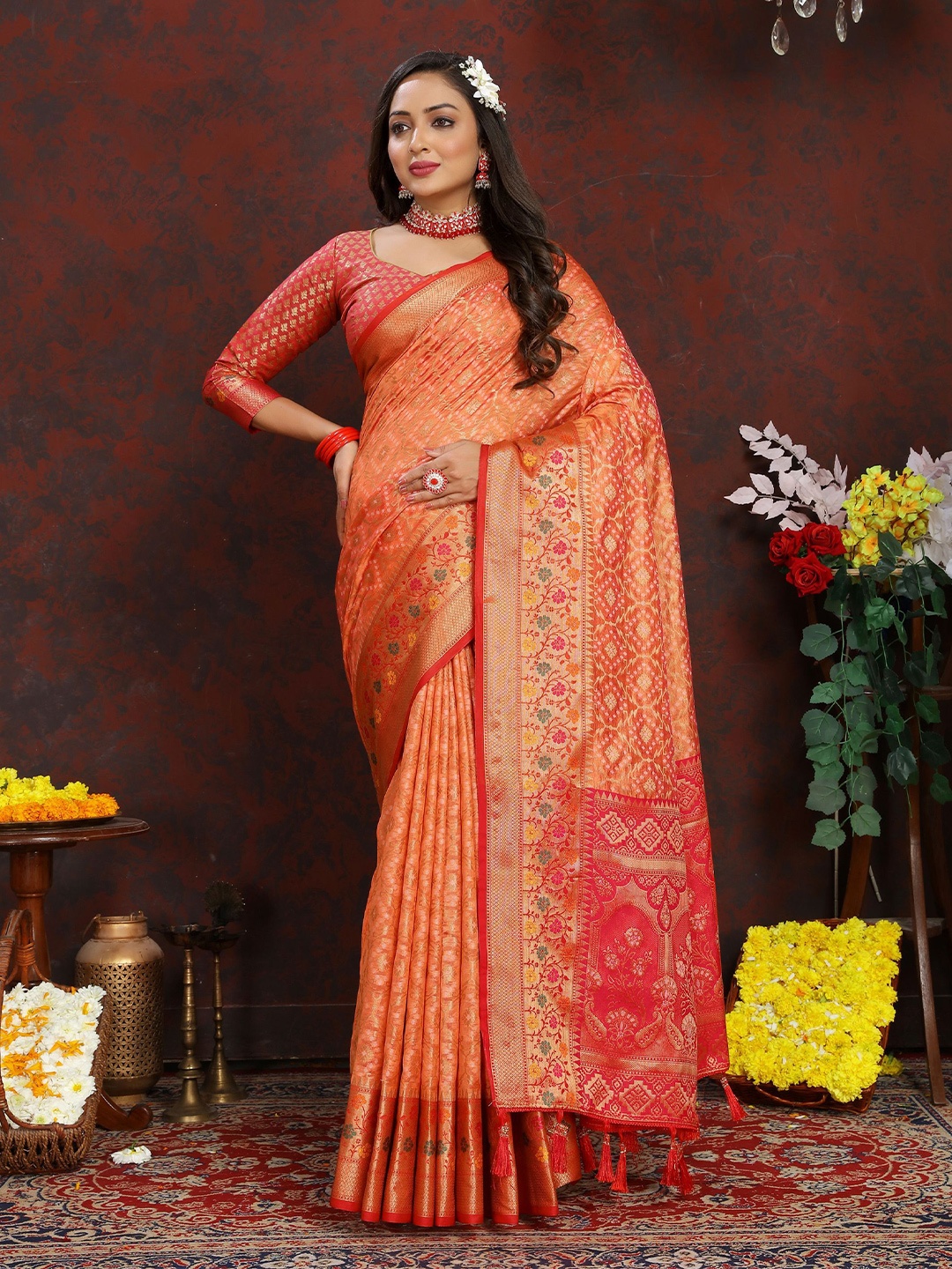 

KALINI Ethnic Motifs Zari Organza Banarasi Saree, Orange