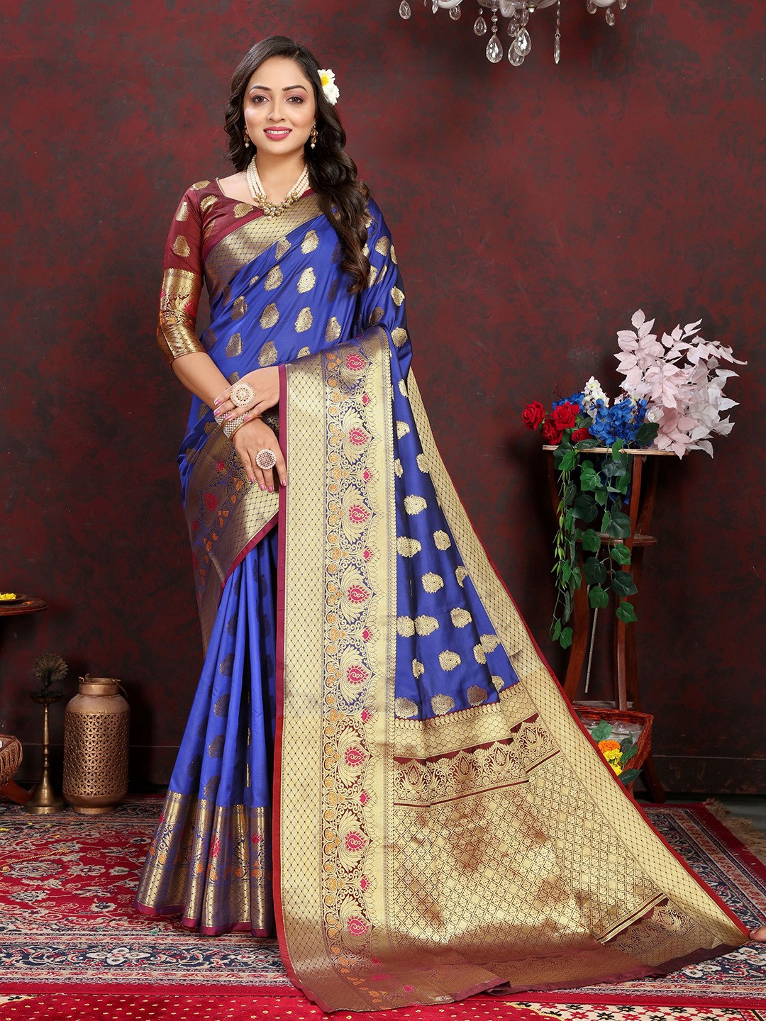 

KALINI Ethnic Motifs Zari Banarasi Saree, Blue